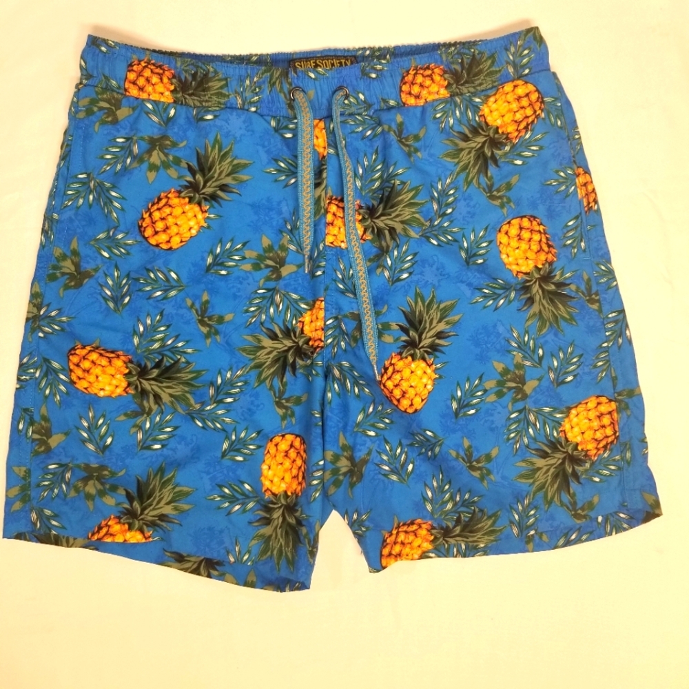 Surf Society Swimwear Mens Size L Pineapple Blue Elastic Waist Drawstring